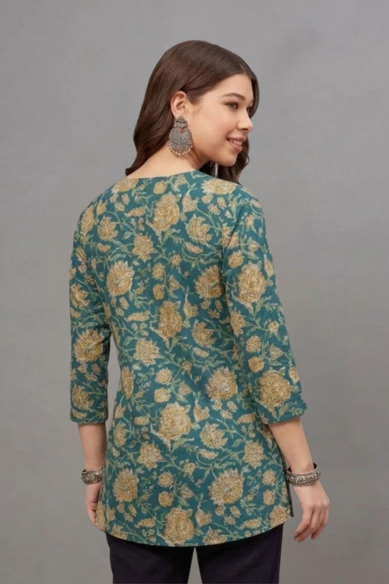 Cotton Teal Gold Printed Short  Kurti