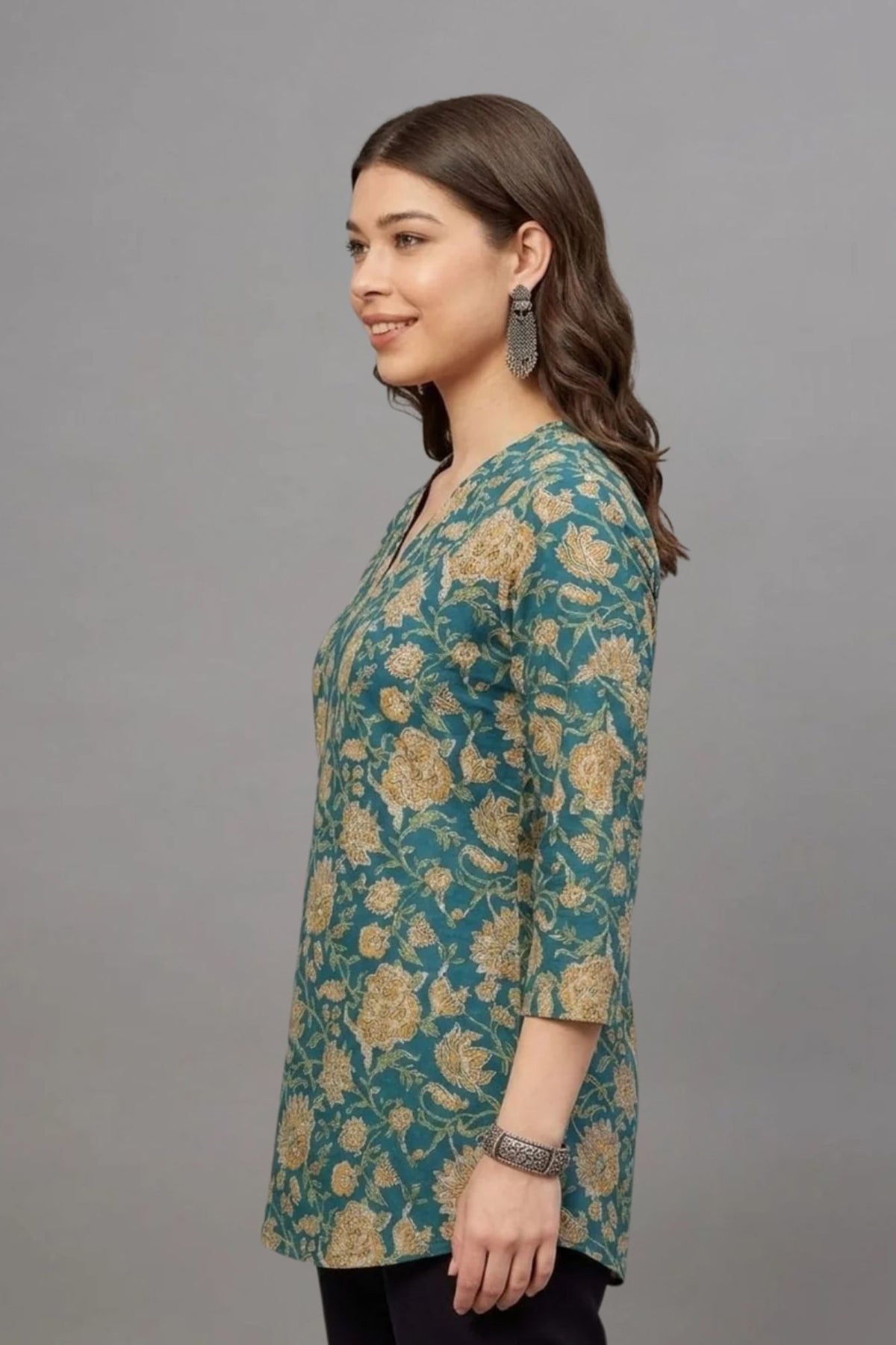 Cotton Teal Gold Printed Short  Kurti