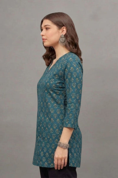 Cotton Teal Floral Printed short kurti