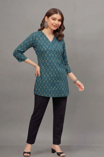 Cotton Teal Floral Printed short kurti