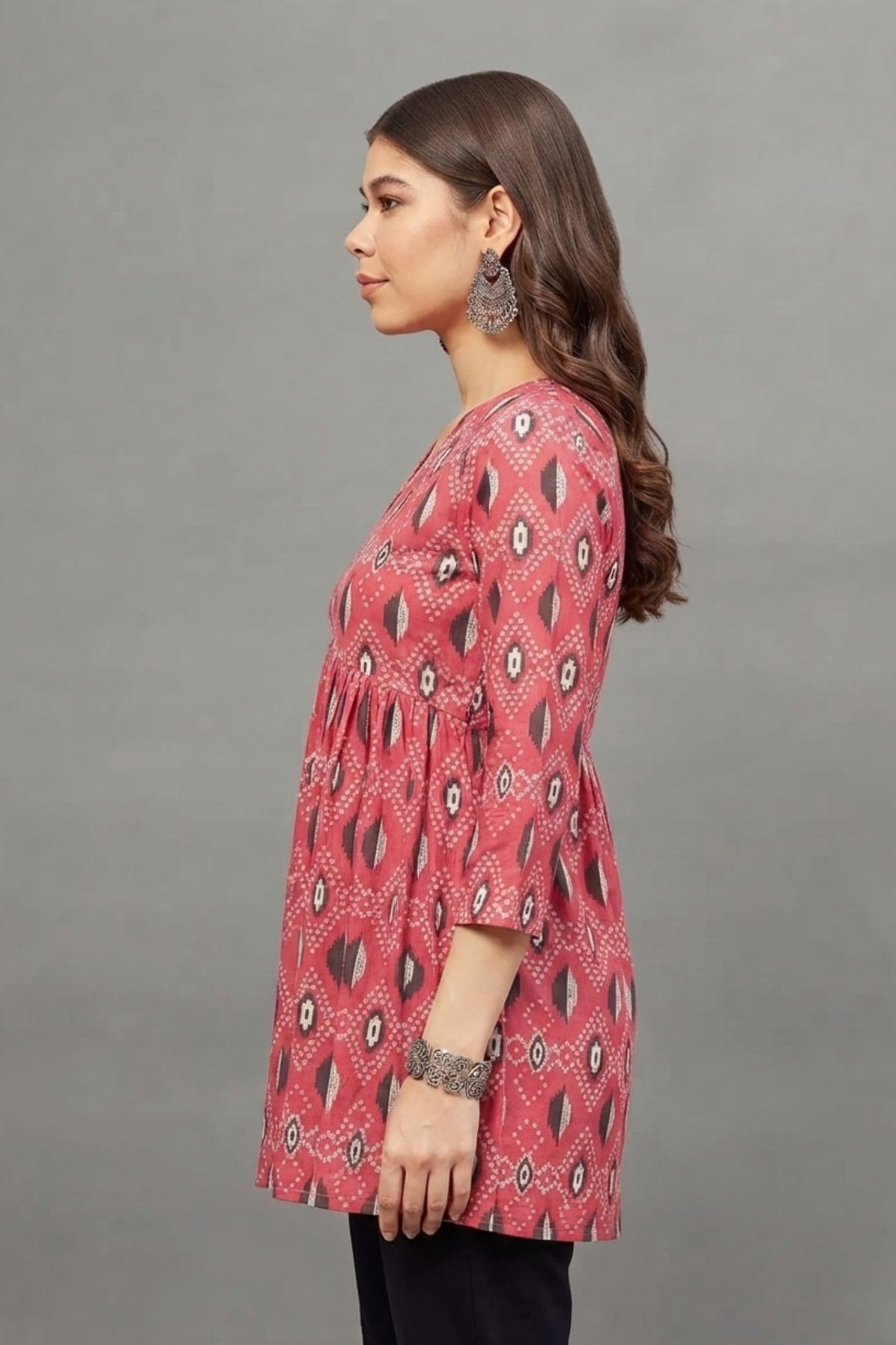 Rust Red Ikat Print V-neck Cotton Kurti for Women