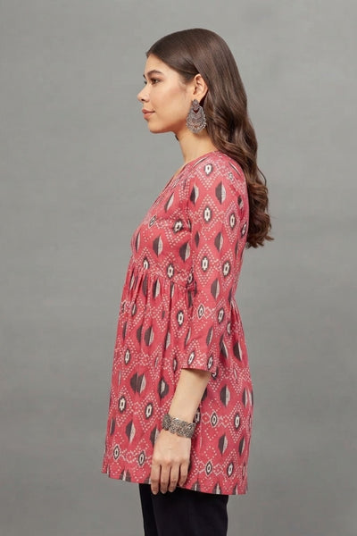Rust Red Ikat Print V-neck Cotton Kurti for Women