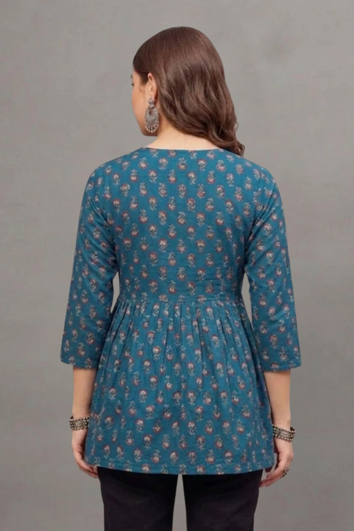 Cotton Teal Blossom Printed short kurti