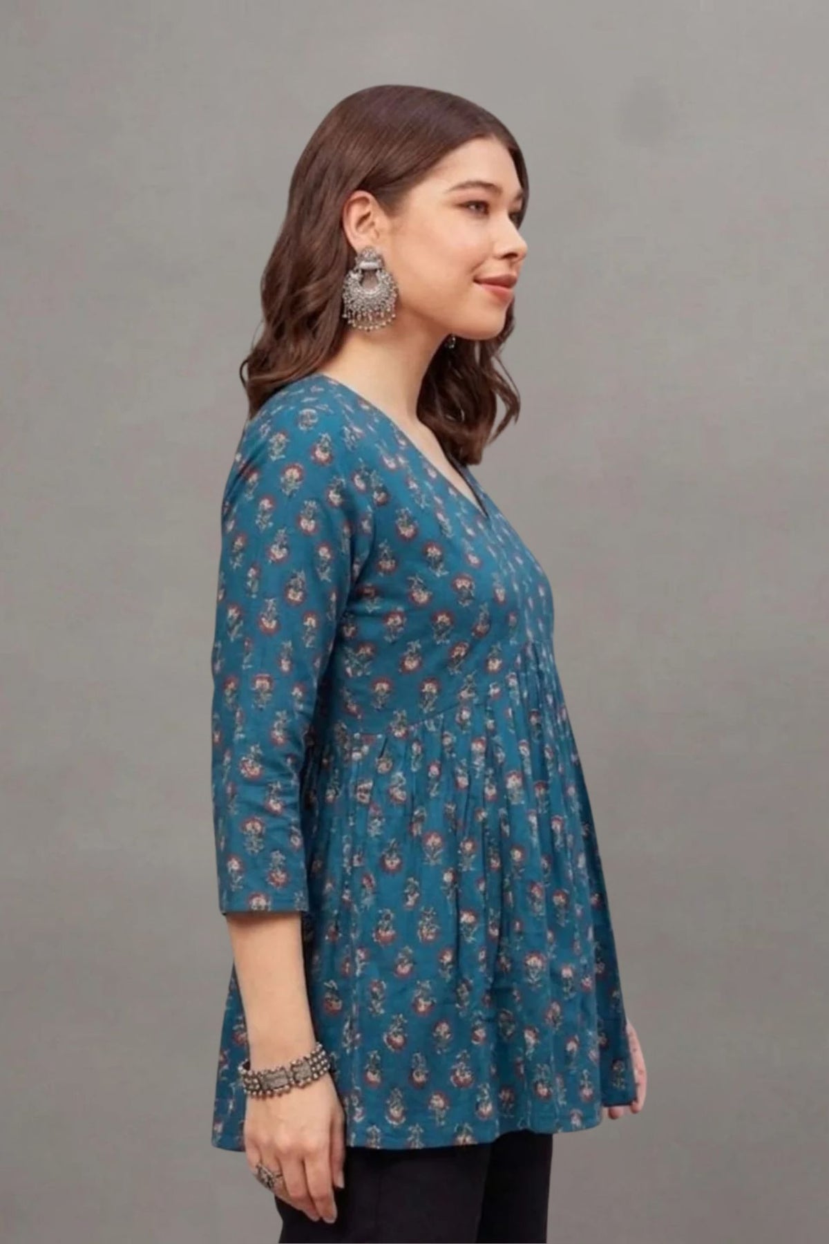 Cotton Teal Blossom Printed short kurti