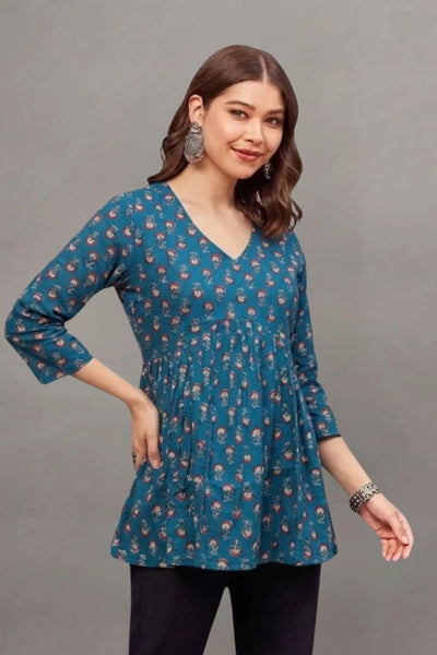 Cotton Teal Blossom Printed short kurti
