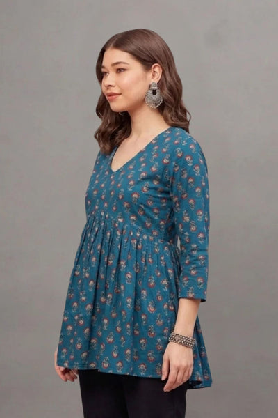 Cotton Teal Blossom Printed short kurti