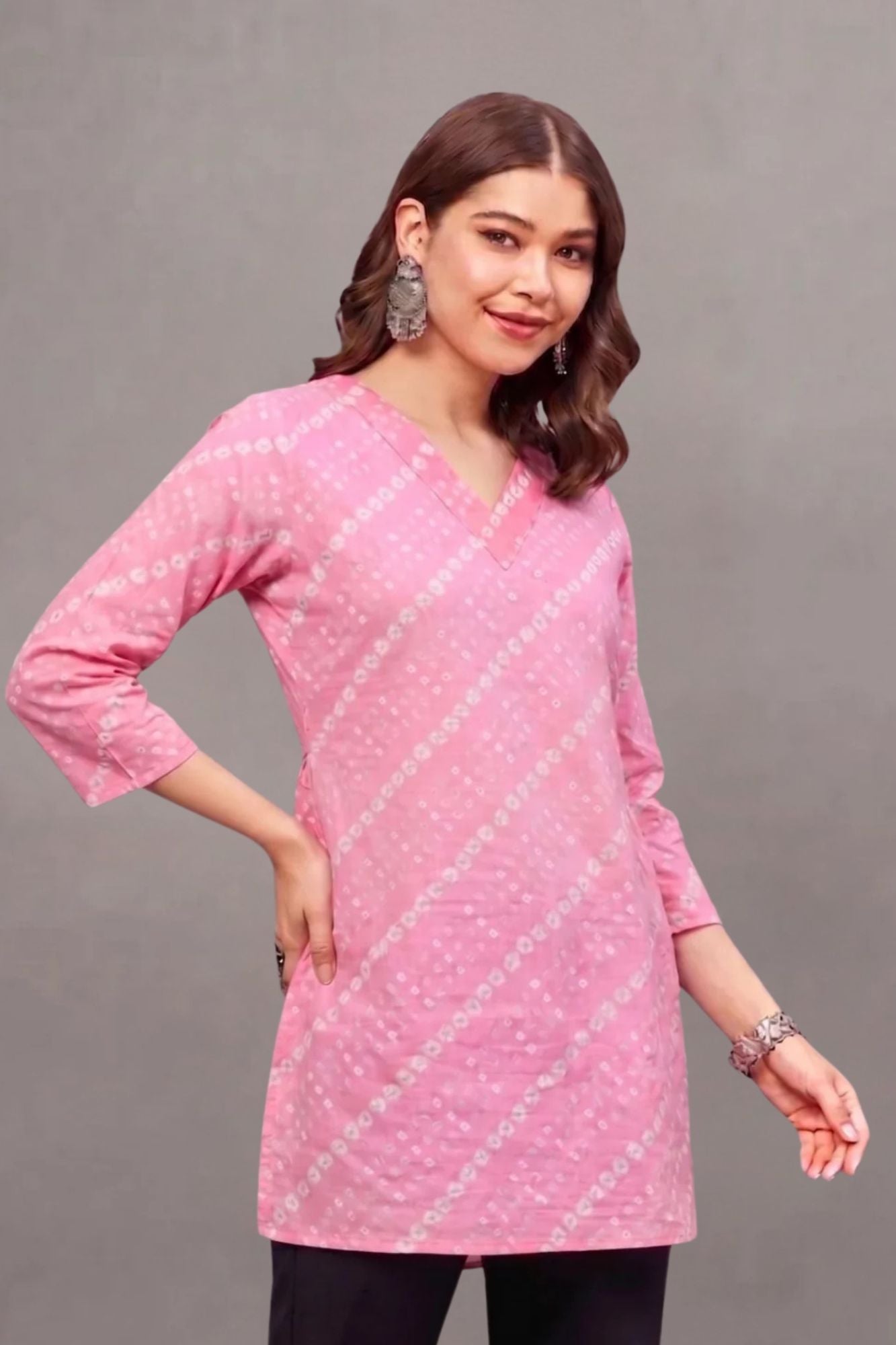 Cotton Pink Bandhej Printed short  kurti