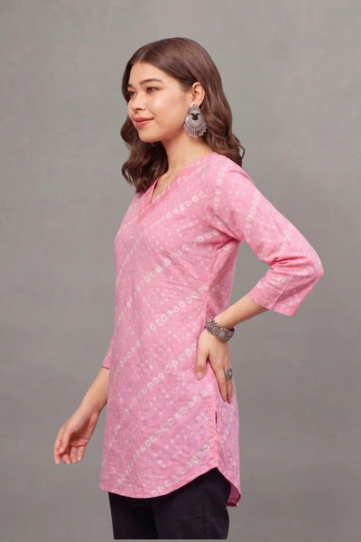 Cotton Pink Bandhej Printed short  kurti