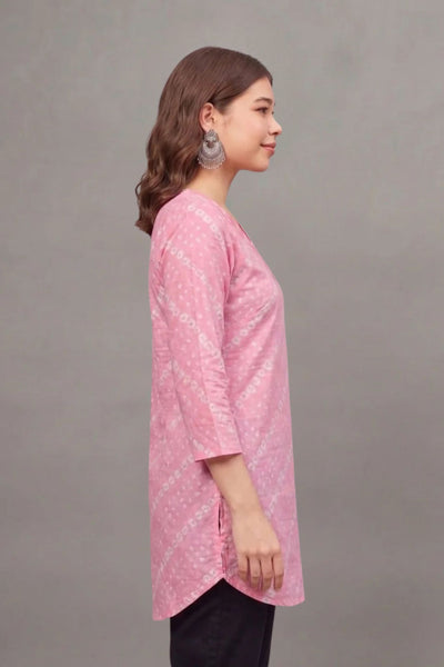 Cotton Pink Bandhej Printed short  kurti
