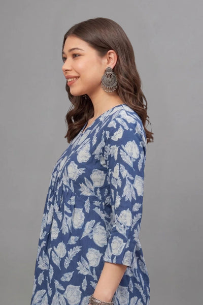Cottton Blue leaf Everyday Printed Short Kurti