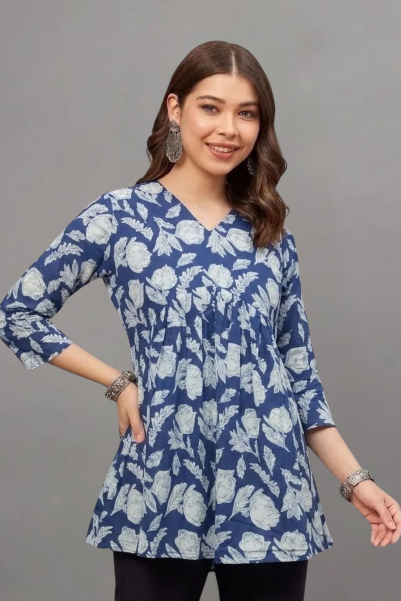 Cottton Blue leaf Everyday Printed Short Kurti