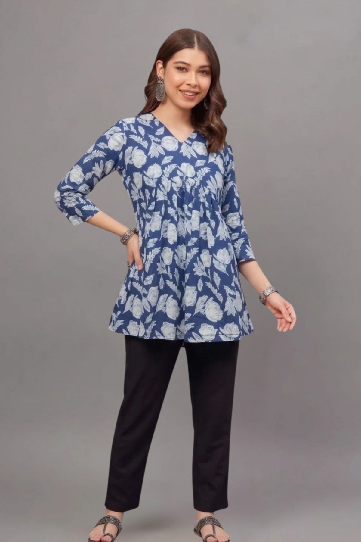 Cottton Blue leaf Everyday Printed Short Kurti