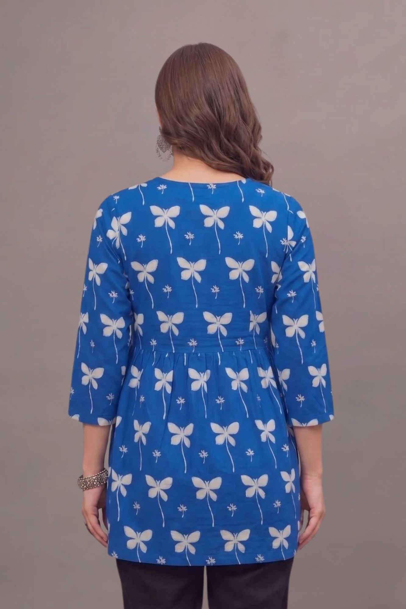 Cotton Blue butterfly Printed short kurti