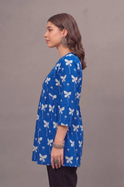 Cotton Blue butterfly Printed short kurti