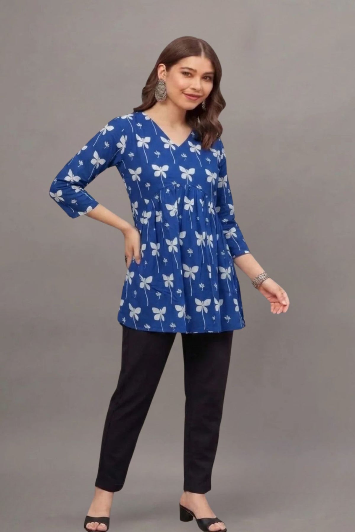 Cotton Blue butterfly Printed short kurti