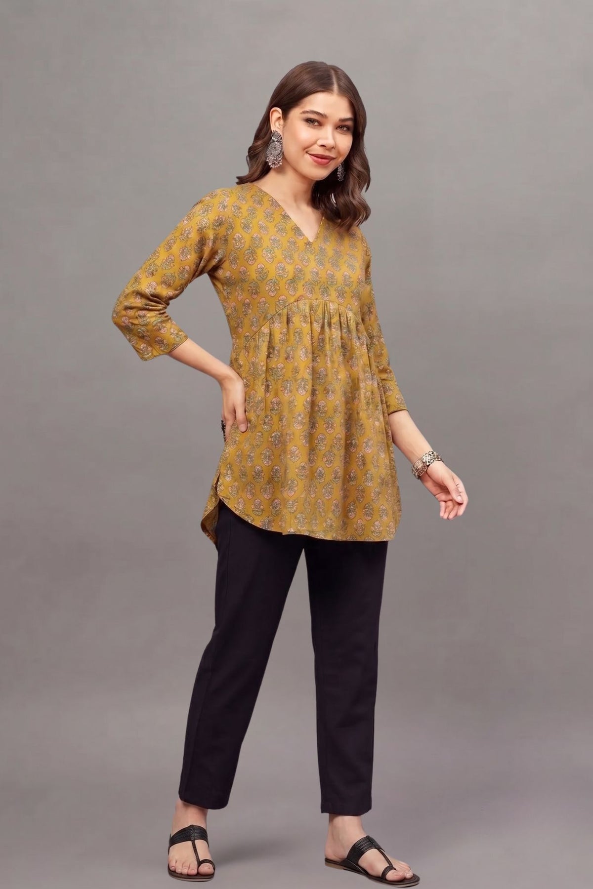 Mustard Floral Buti Print V-Neck Cotton Kurti for Women