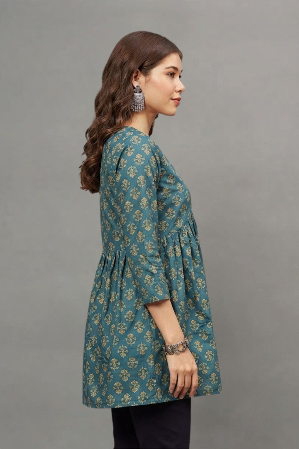 Teal Blue Floral Buti Print V-Neck Cotton Kurti for Women