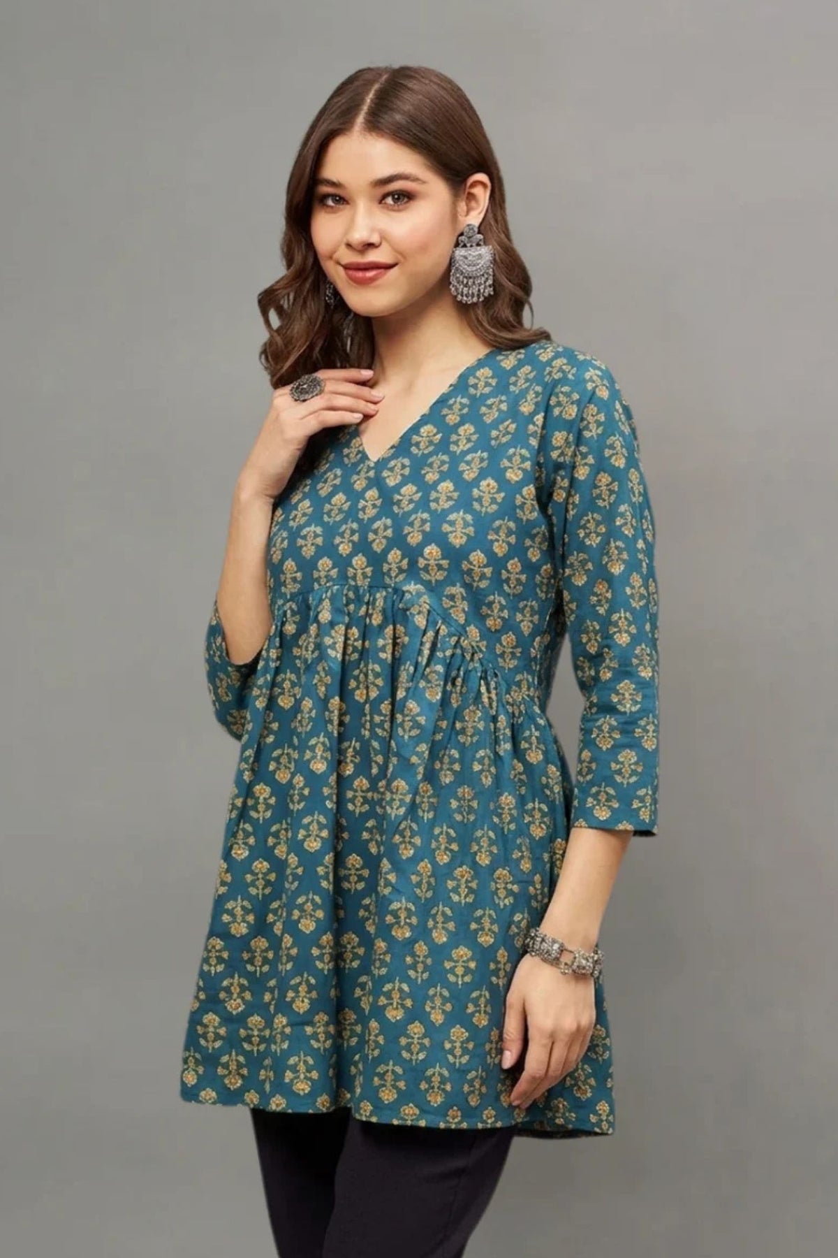 Teal Blue Floral Buti Print V-Neck Cotton Kurti for Women
