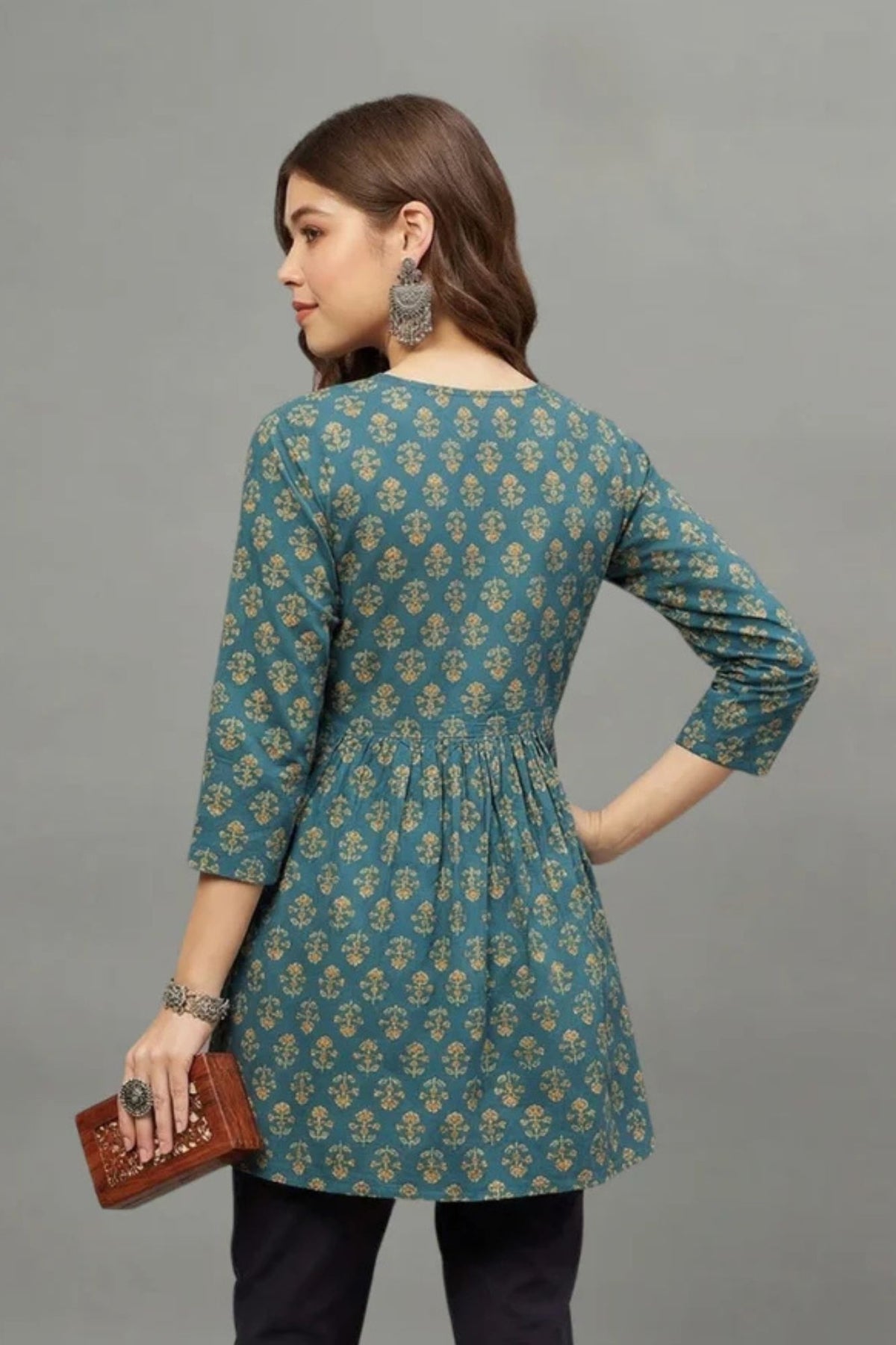 Teal Blue Floral Buti Print V-Neck Cotton Kurti for Women