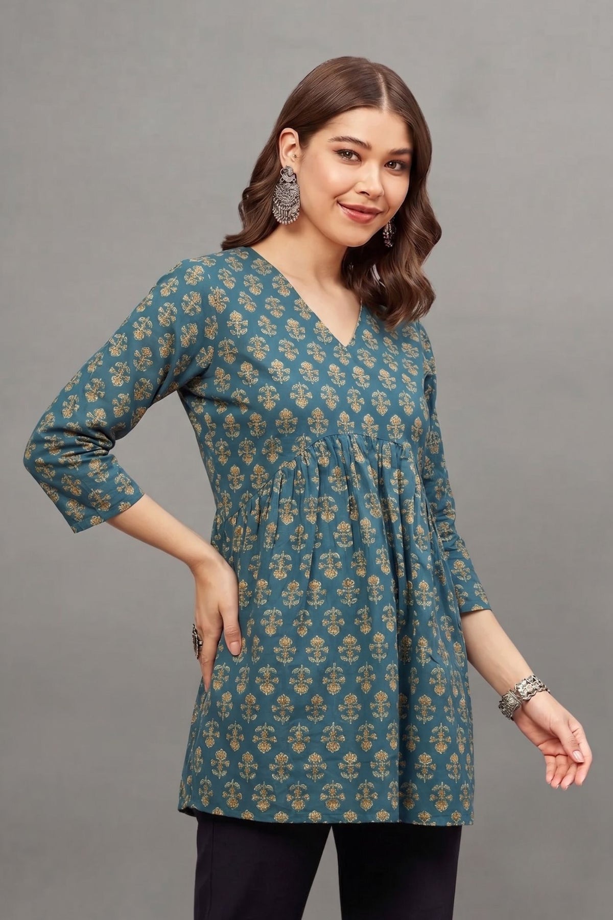 Teal Blue Floral Buti Print V-Neck Cotton Kurti for Women