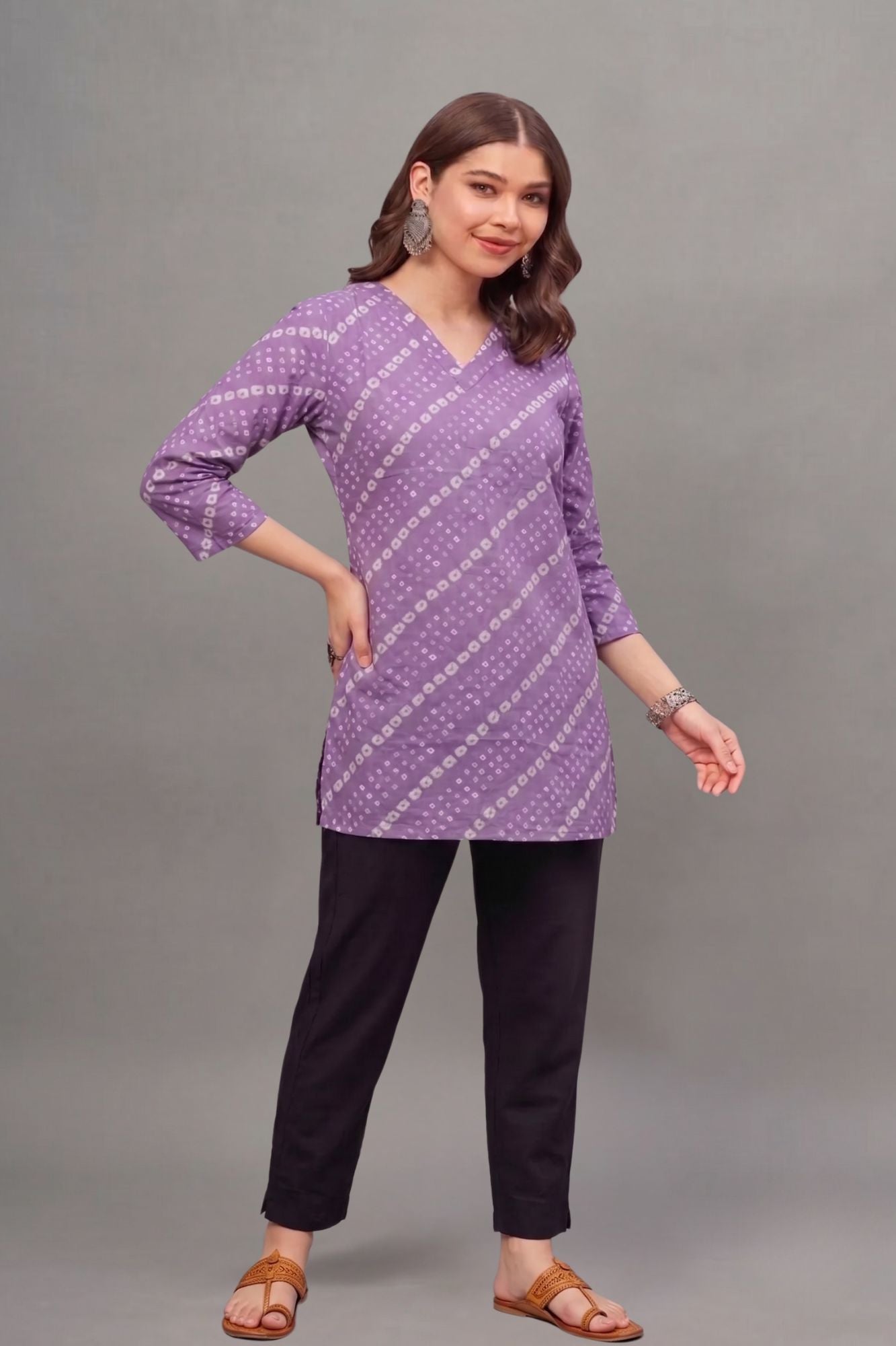Cotton Purple bandhani Printed short kurti