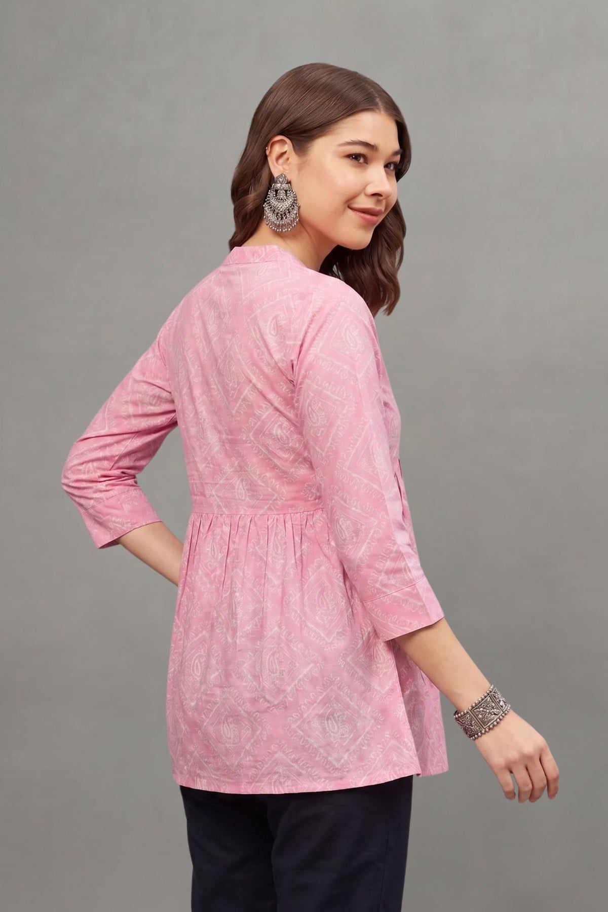 Pink Block Printed V-neck Cotton Kurti for Women