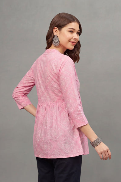 Pink Block Printed V-neck Cotton Kurti for Women