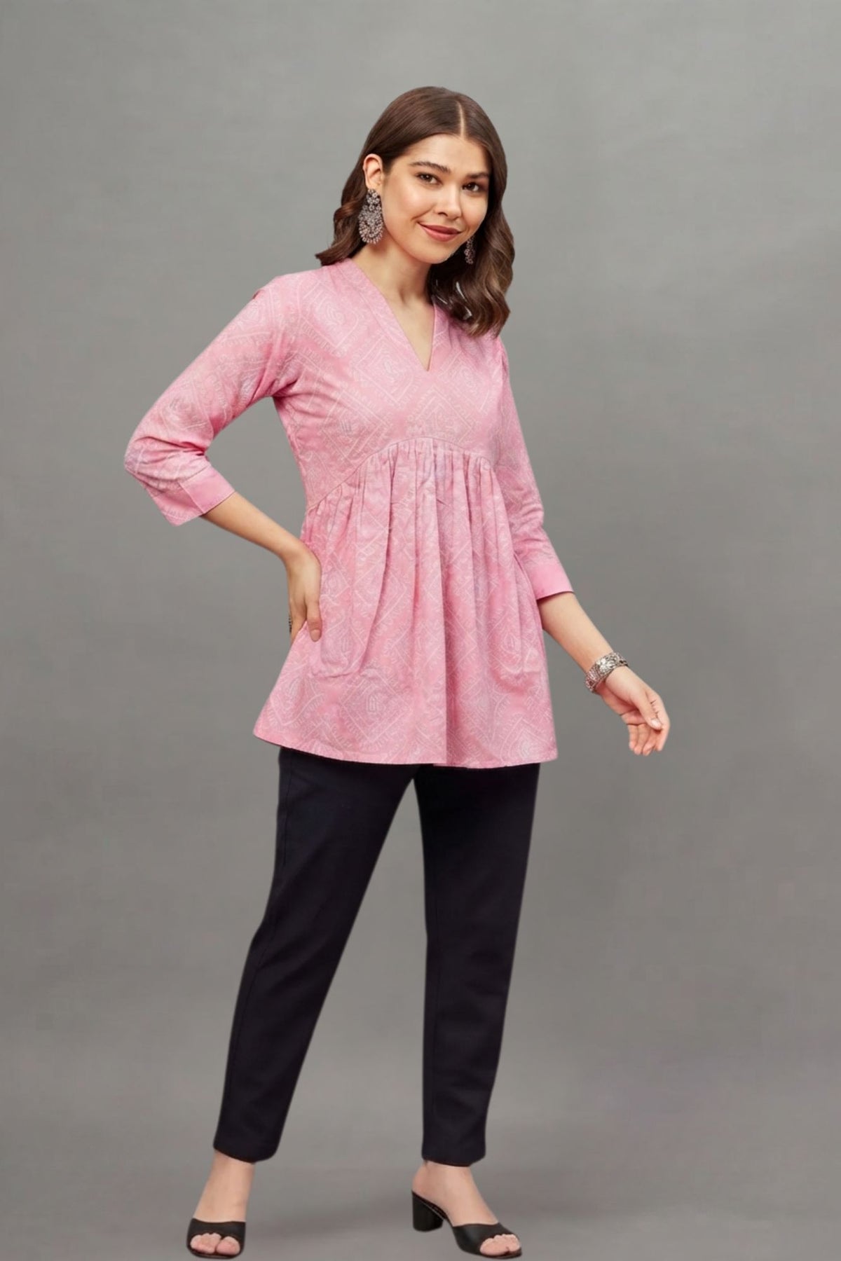 Pink Block Printed V-neck Cotton Kurti for Women