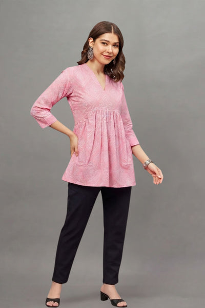 Pink Block Printed V-neck Cotton Kurti for Women