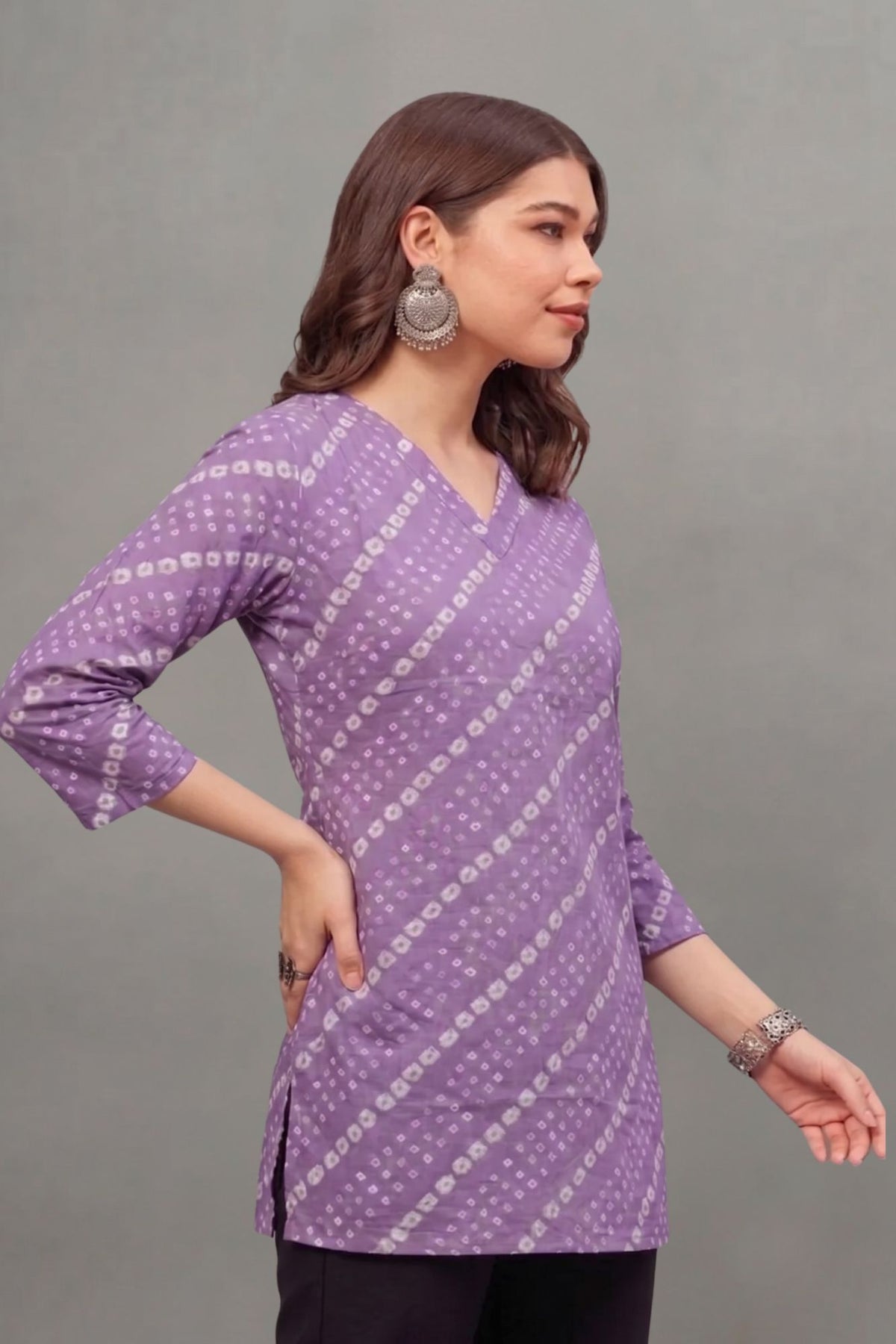 Cotton Purple bandhani Printed short kurti