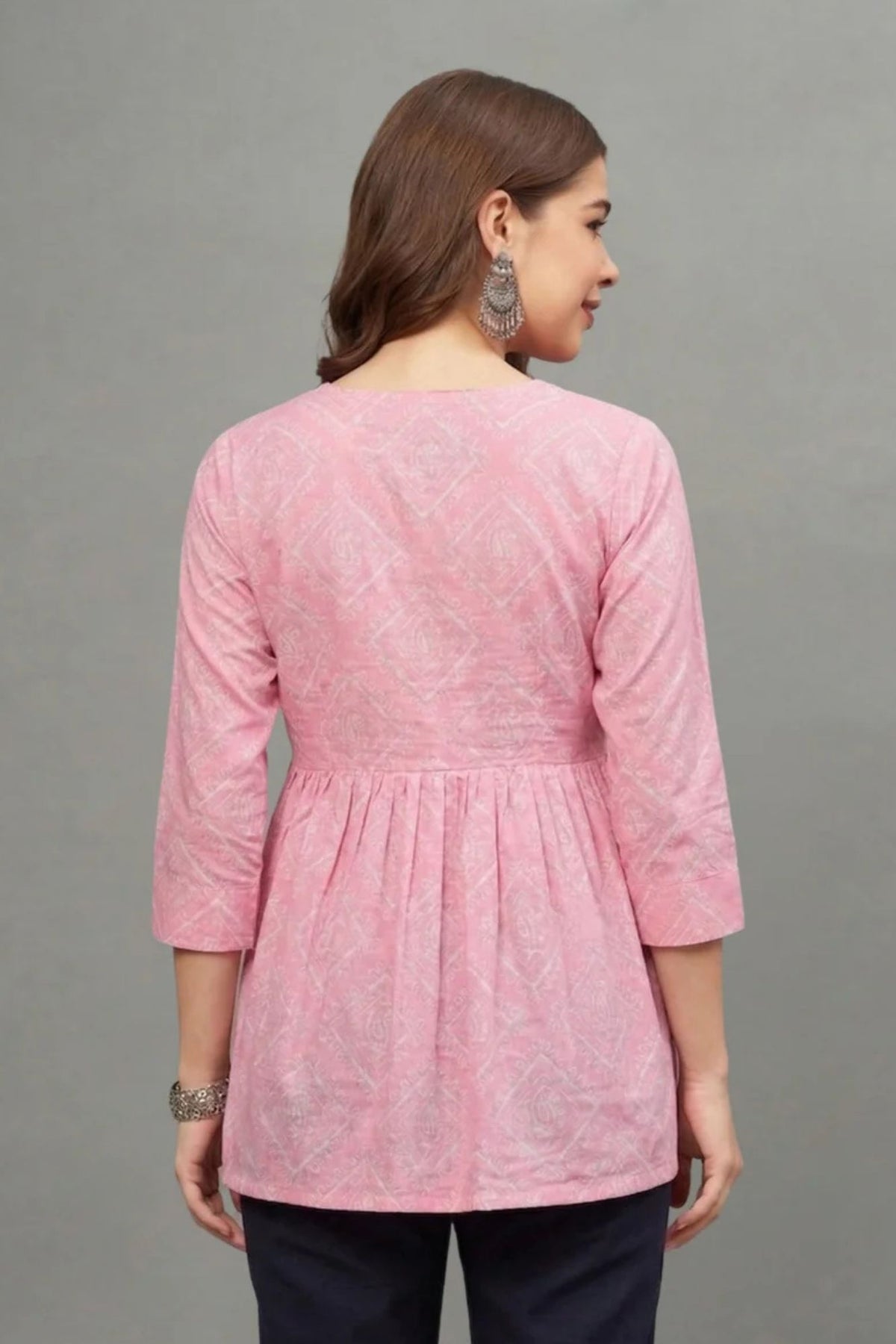 Pink Block Printed V-neck Cotton Kurti for Women