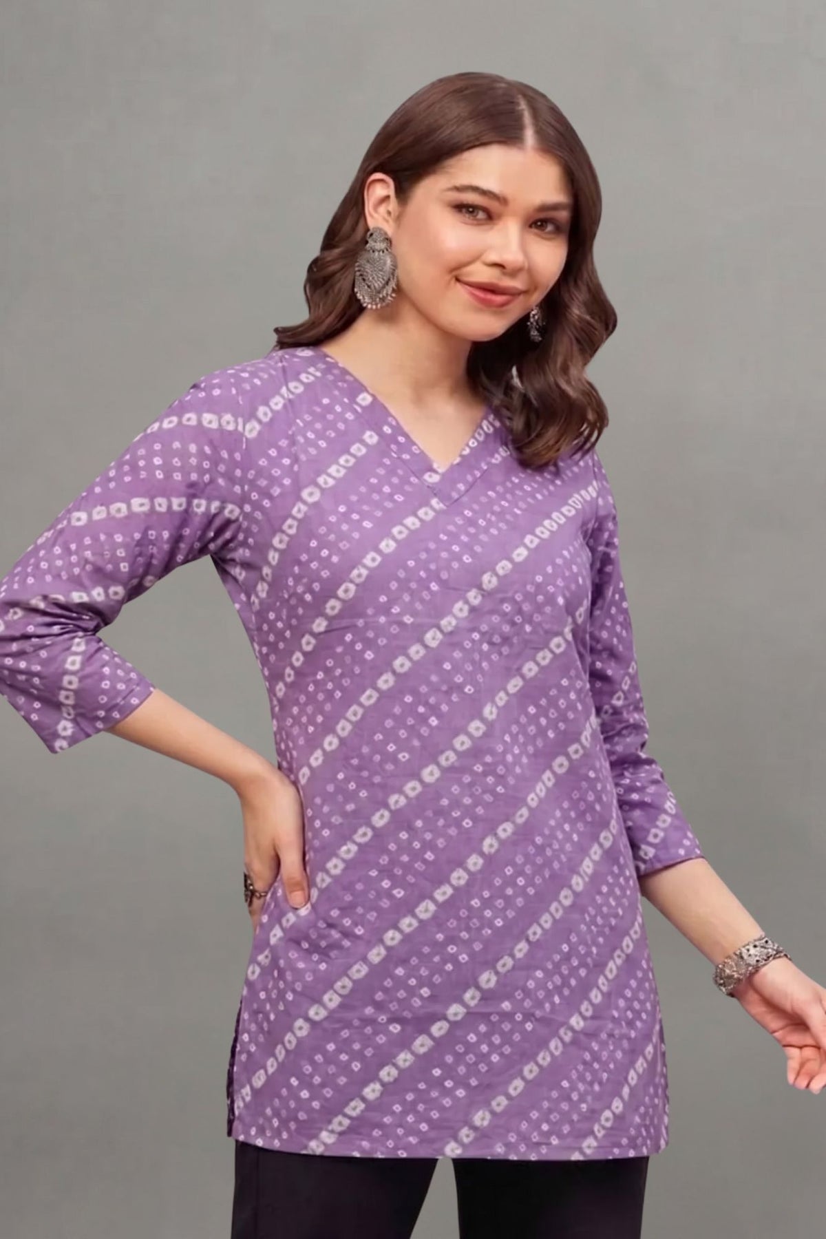 Cotton Purple bandhani Printed short kurti