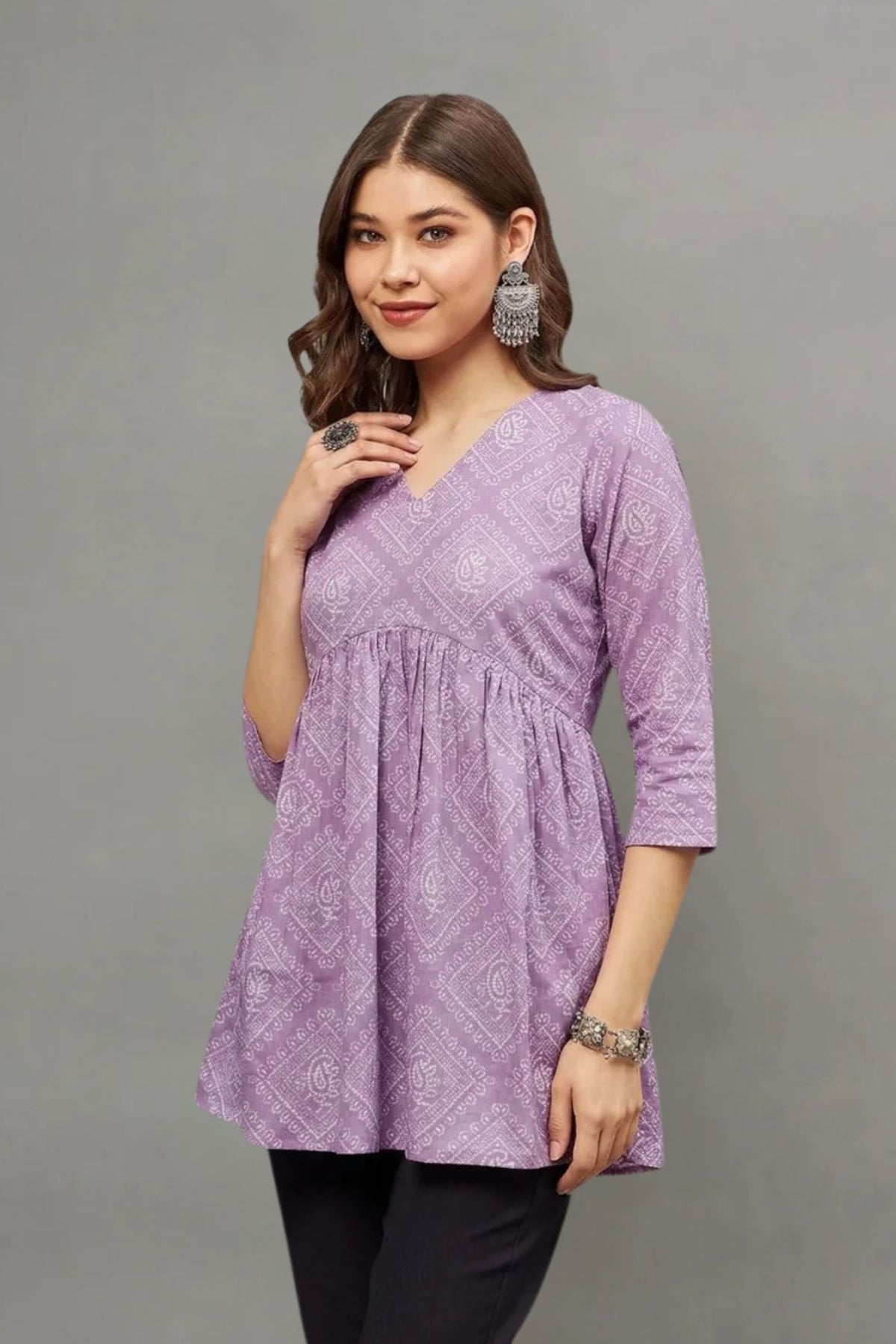 Lavender Block Printed V-neck Cotton Kurti for Women