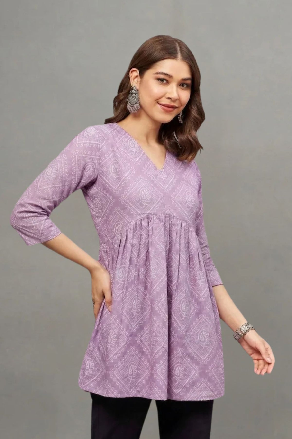 Lavender Block Printed V-neck Cotton Kurti for Women