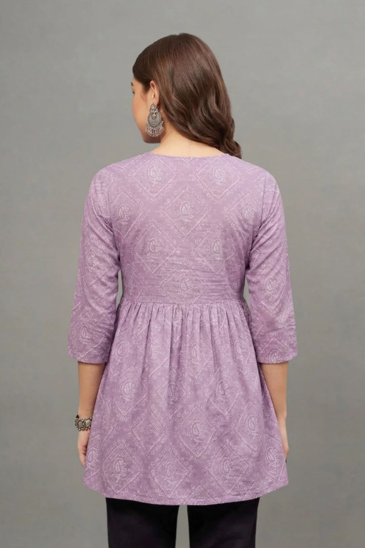 Lavender Block Printed V-neck Cotton Kurti for Women