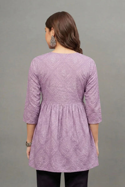 Lavender Block Printed V-neck Cotton Kurti for Women