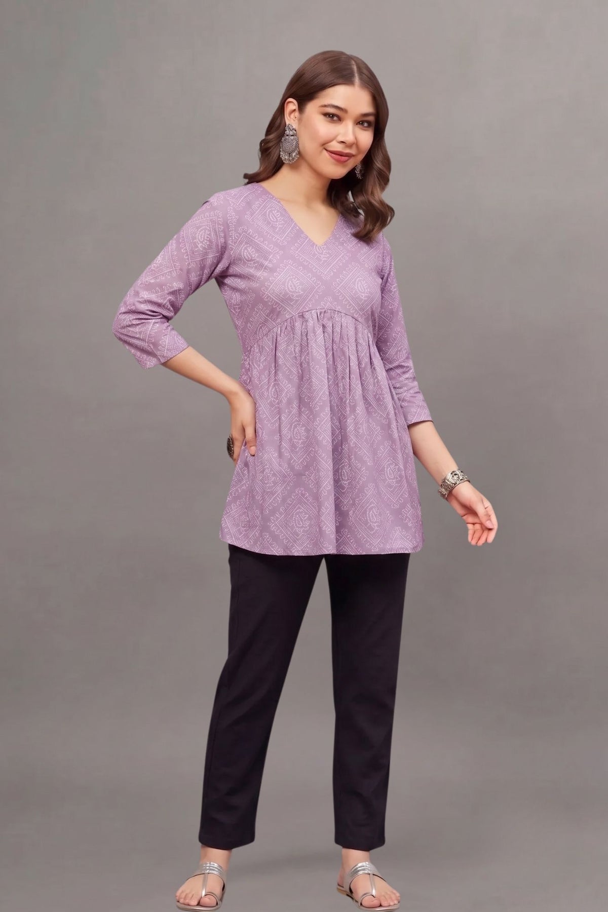 Lavender Block Printed V-neck Cotton Kurti for Women