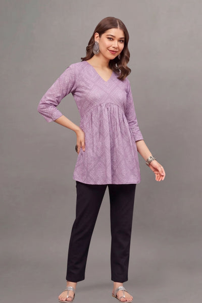 Lavender Block Printed V-neck Cotton Kurti for Women