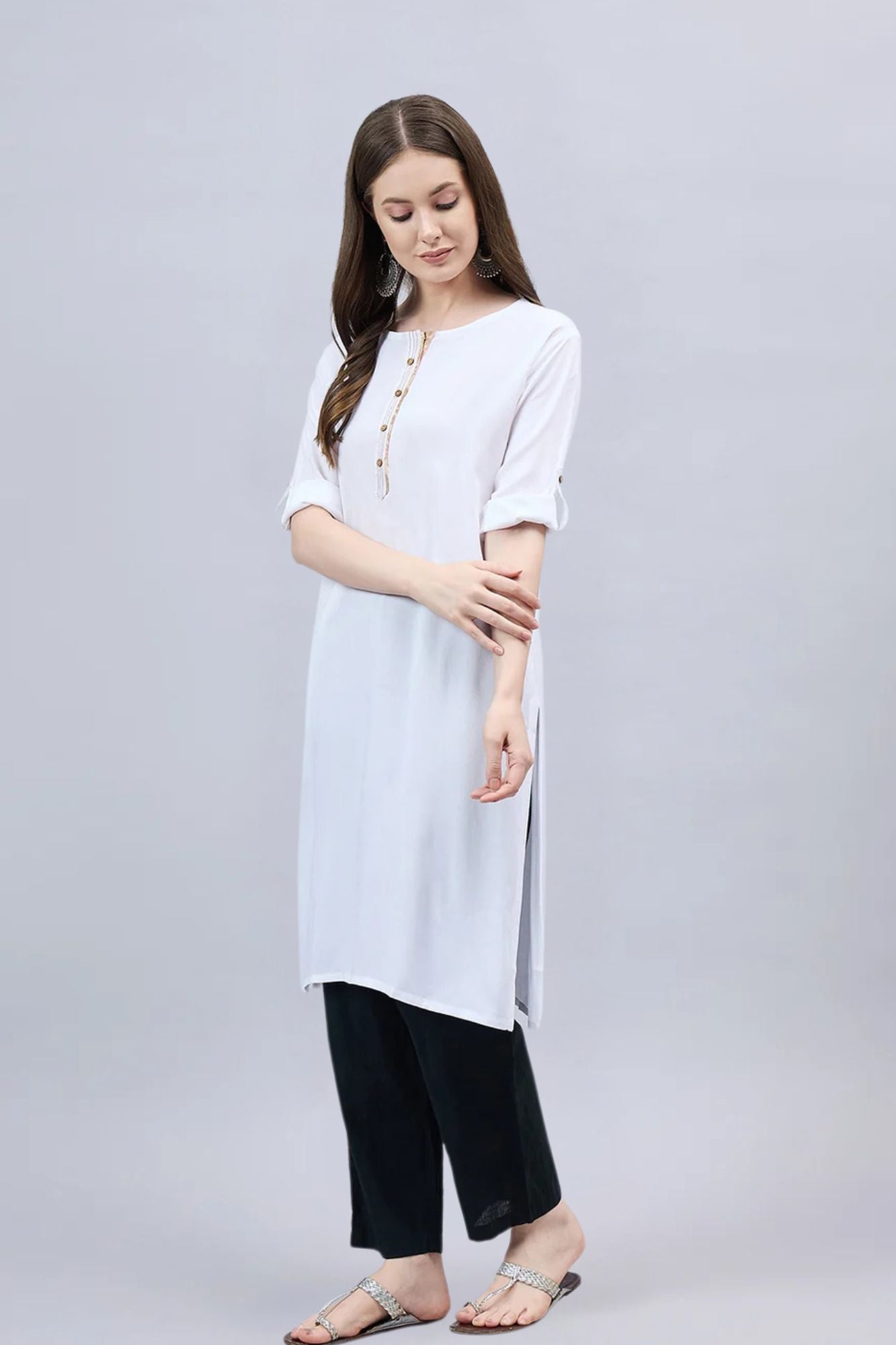 White Round Neck Straight Fit Rayon Kurti