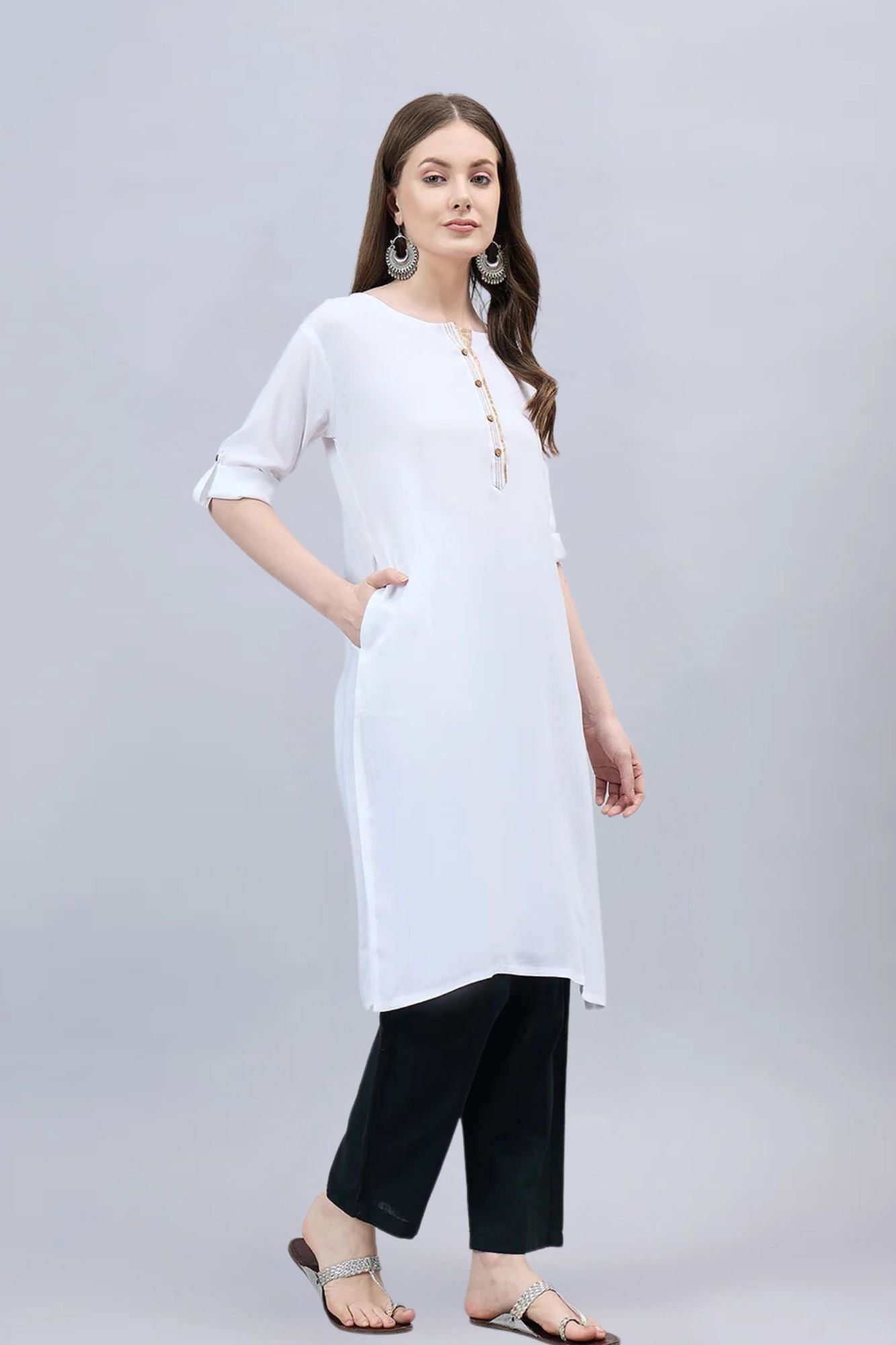 White Round Neck Straight Fit Rayon Kurti