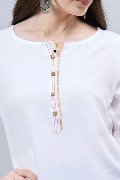 White Round Neck Straight Fit Rayon Kurti