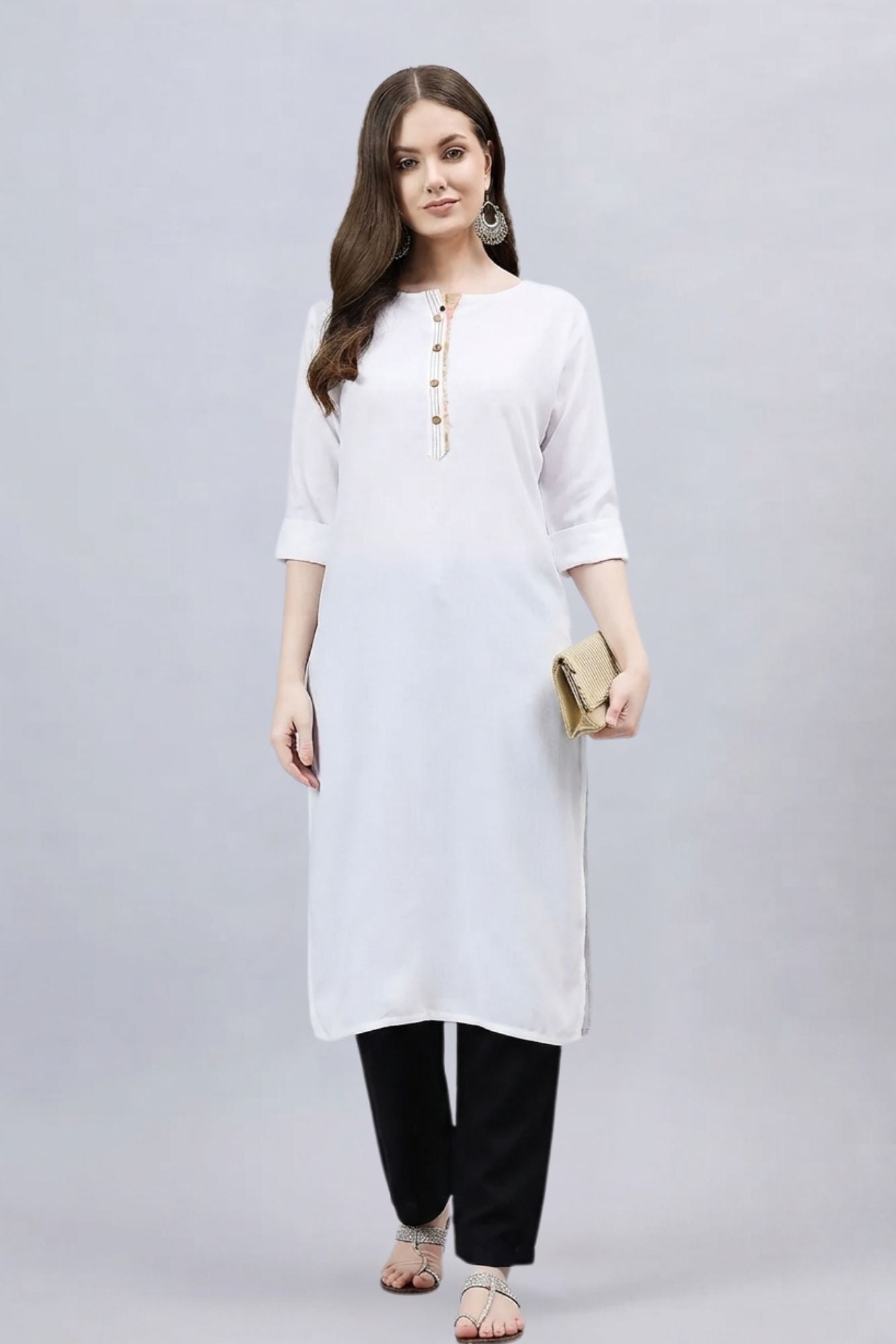 Black Round Neck Straight Fit Rayon Kurti