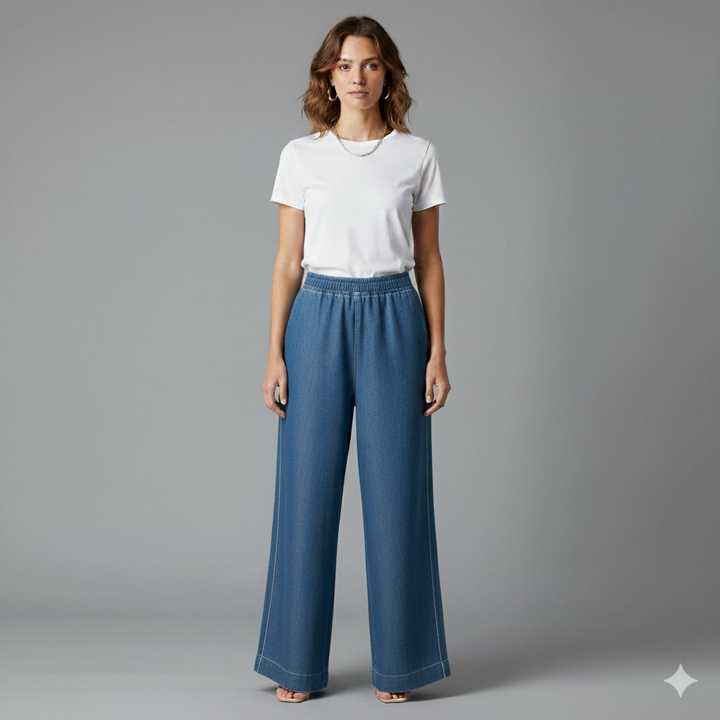 Stylish Women’s  Blue Denim Palazzo with Side Pockets