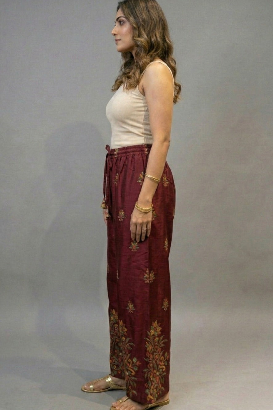 Maroon Heritage Floral Border Printed Palazzo