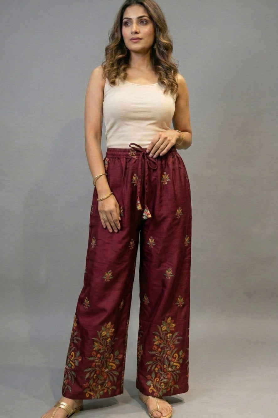 Maroon Heritage Floral Border Printed Palazzo