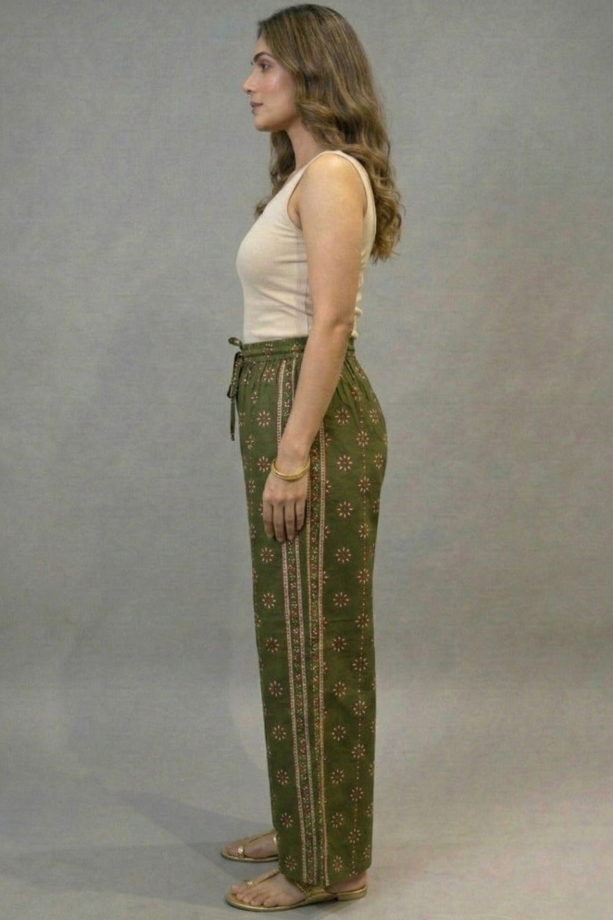 Olive Green Floral Buti  Printed Palazzo