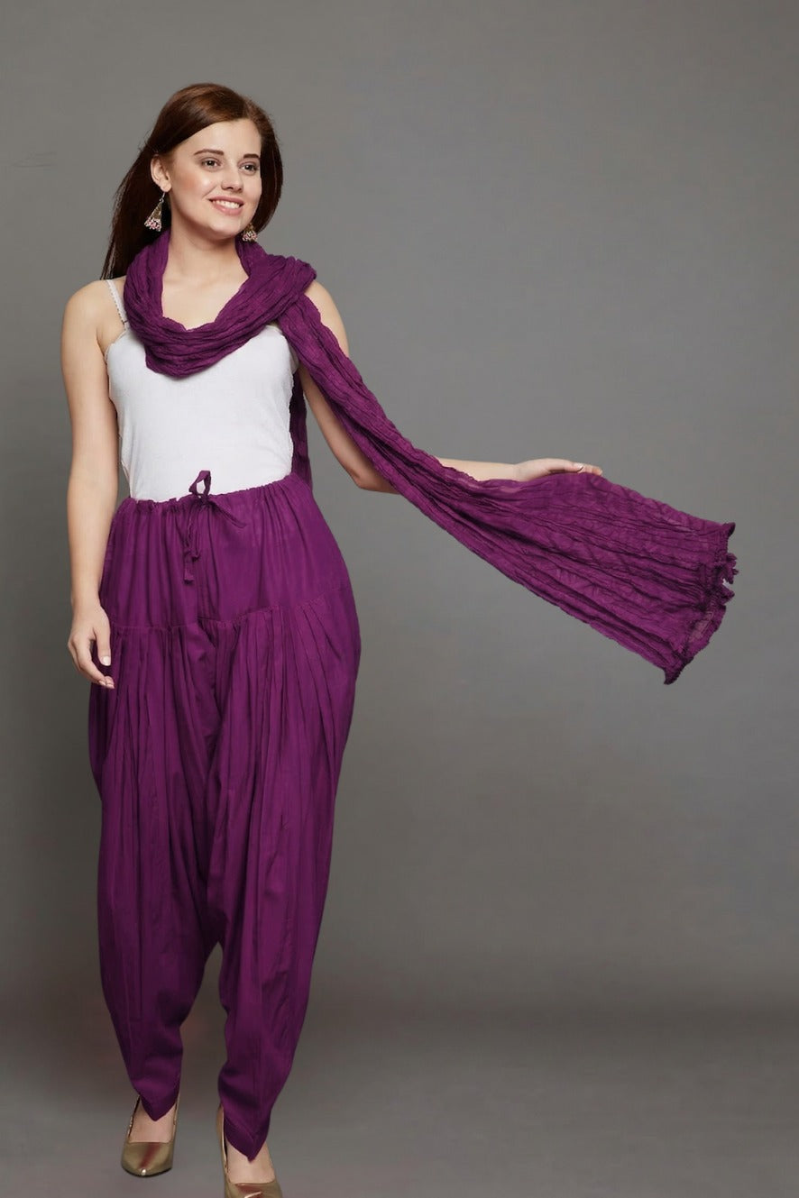 Wine Purple Plain Cotton Patiala with Dupatta