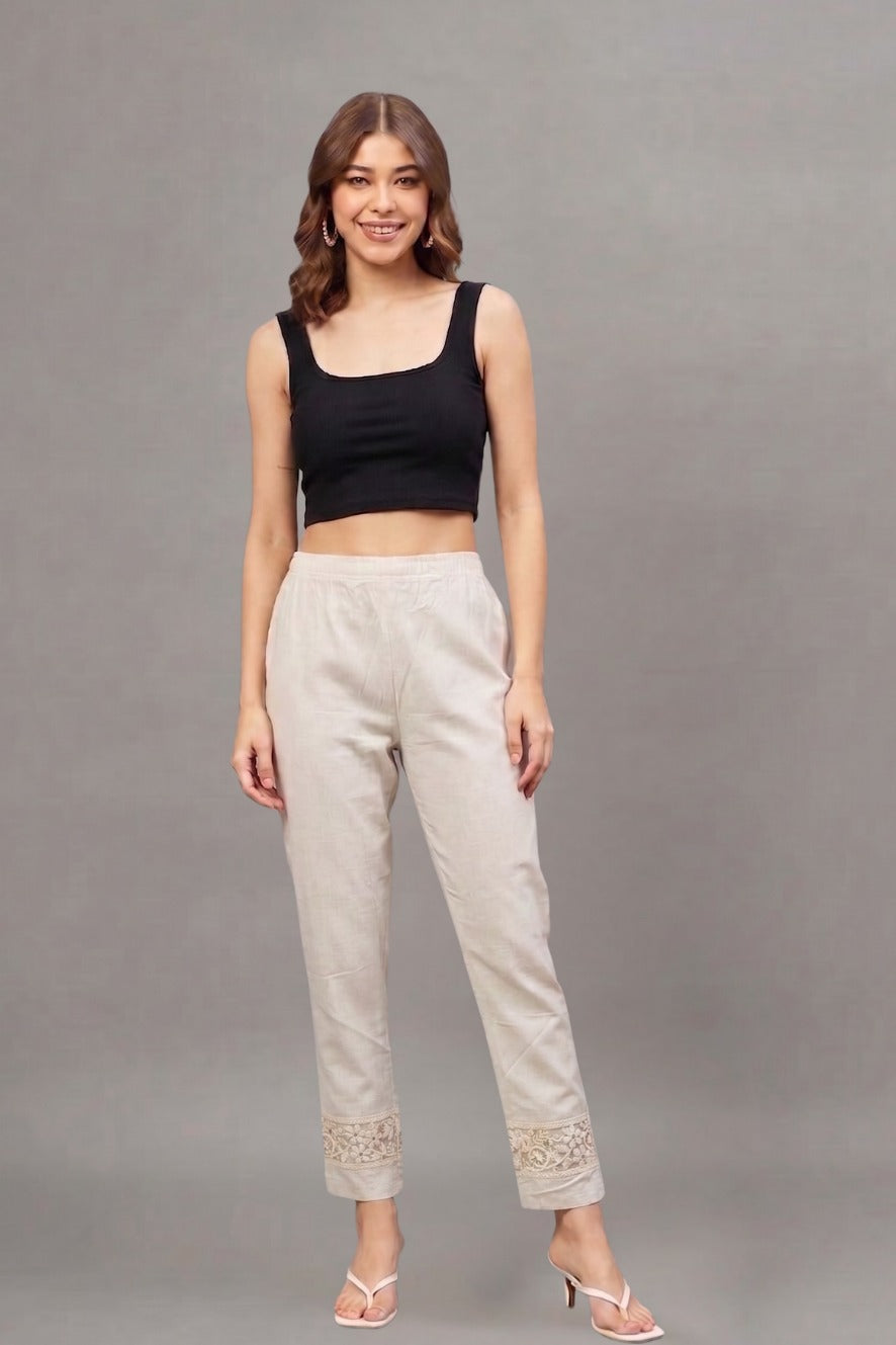 Ivory floral Cotton Flex Lace Pants