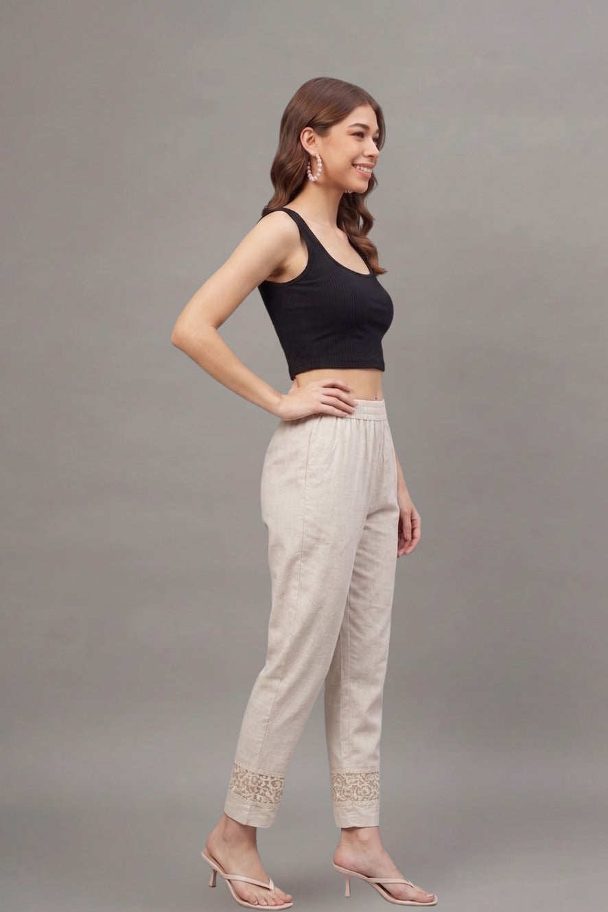 Ivory floral Cotton Flex Lace Pants