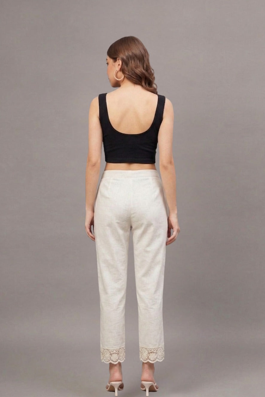 Ivory Floral Scallop Cotton Flex Lace Pants